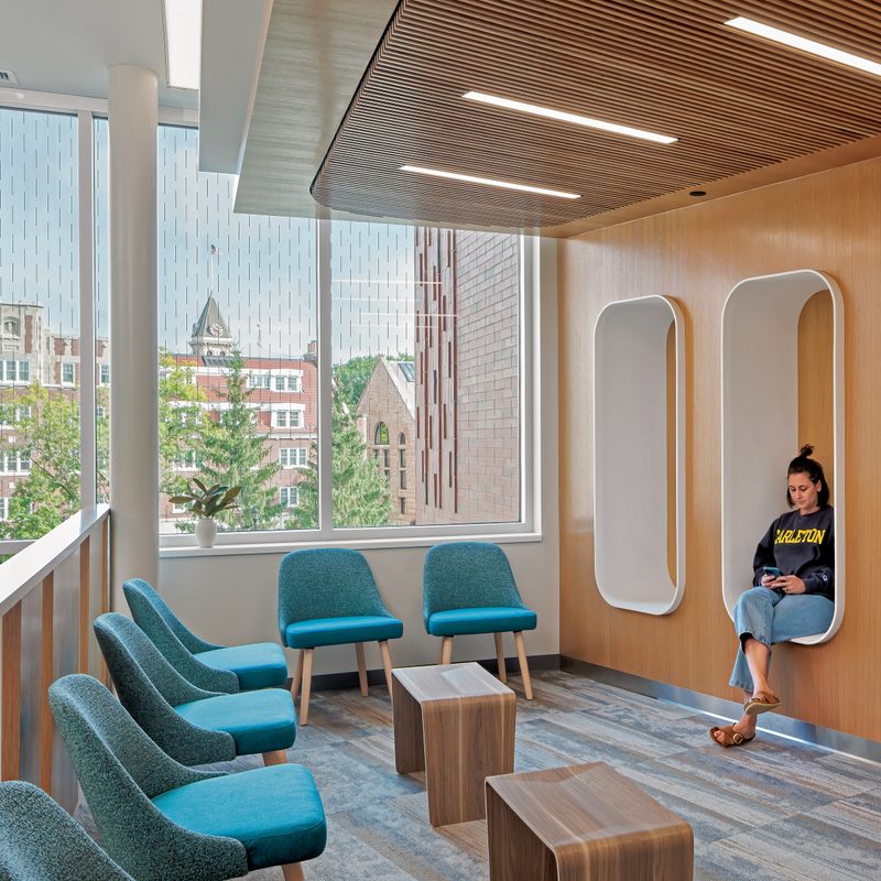 A student sits in the Class of 1974 Center