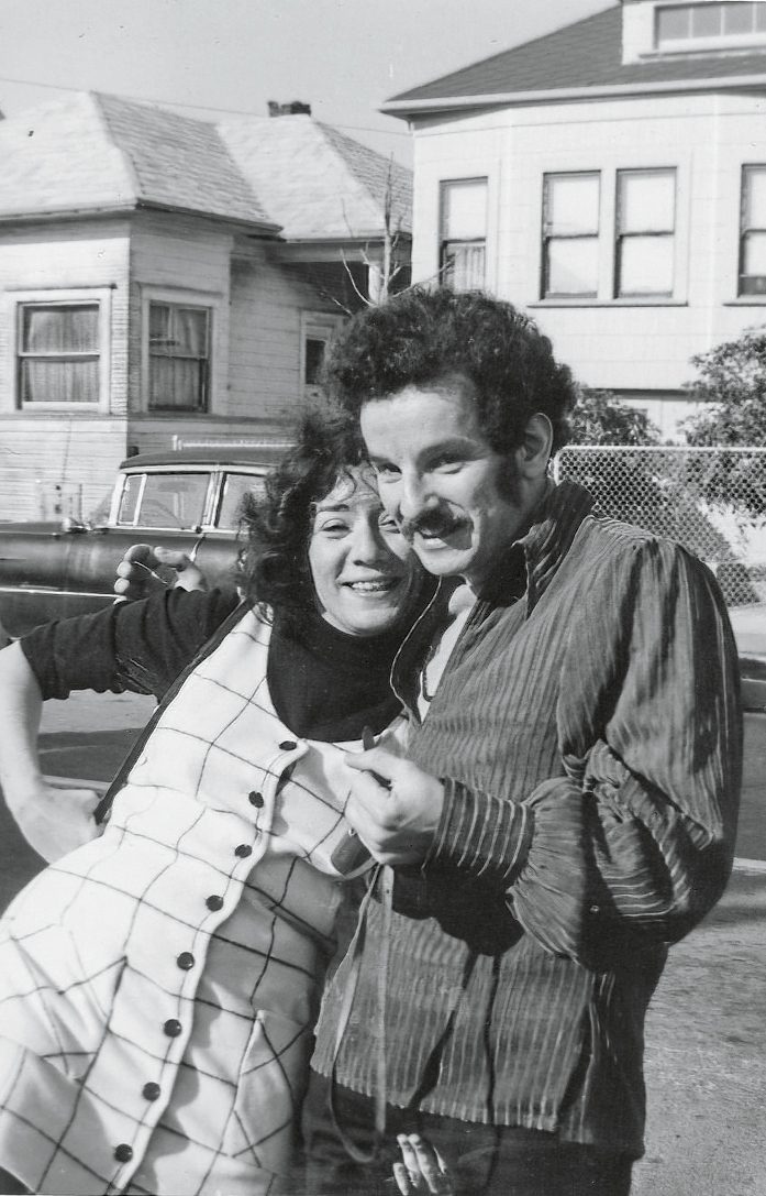 black and white photo of roz and fred lessing posing outdoors