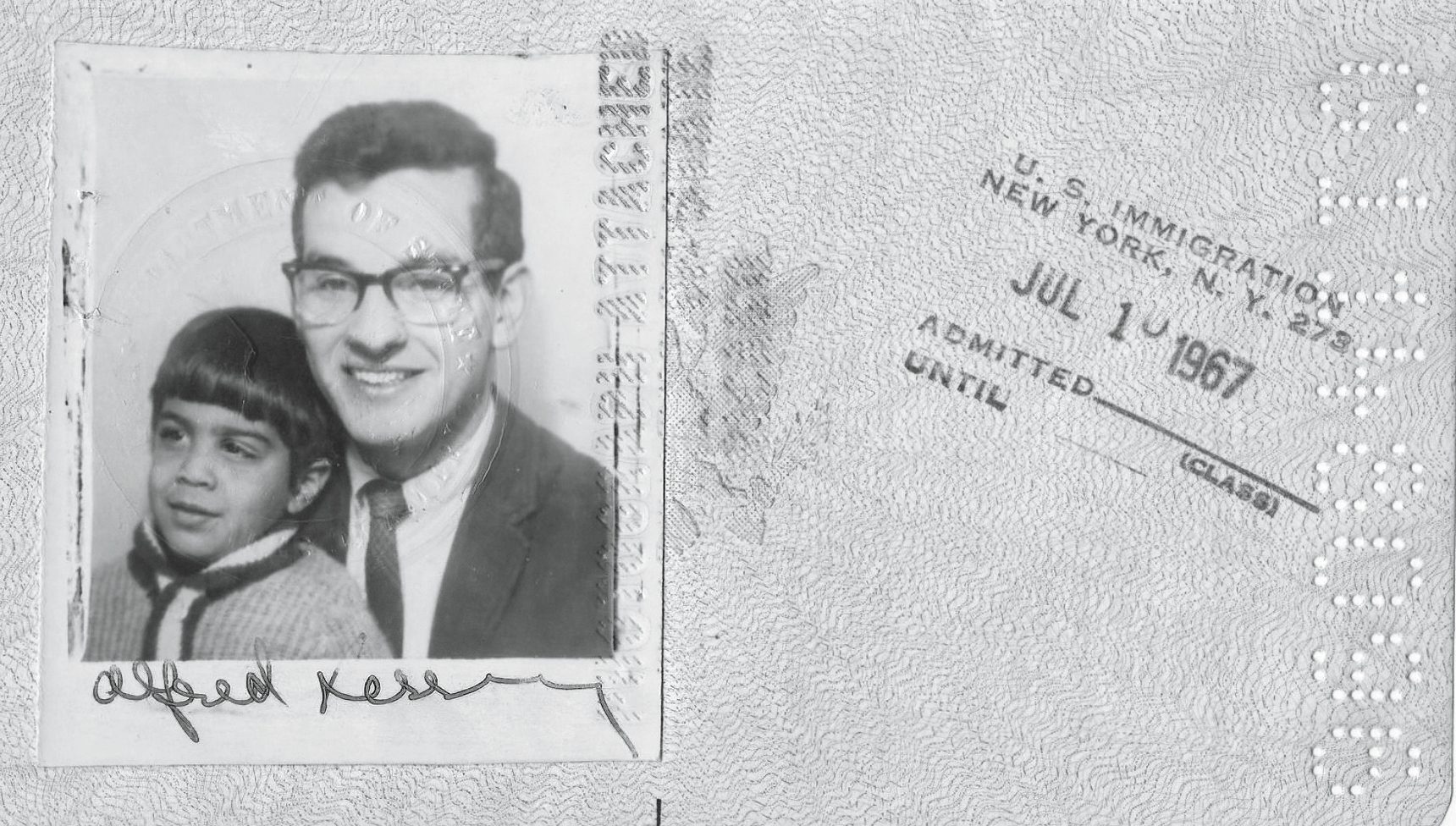 black and white passport photo of Fred Lessing with his young son