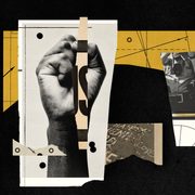 collage artwork of police officers and a raised fist