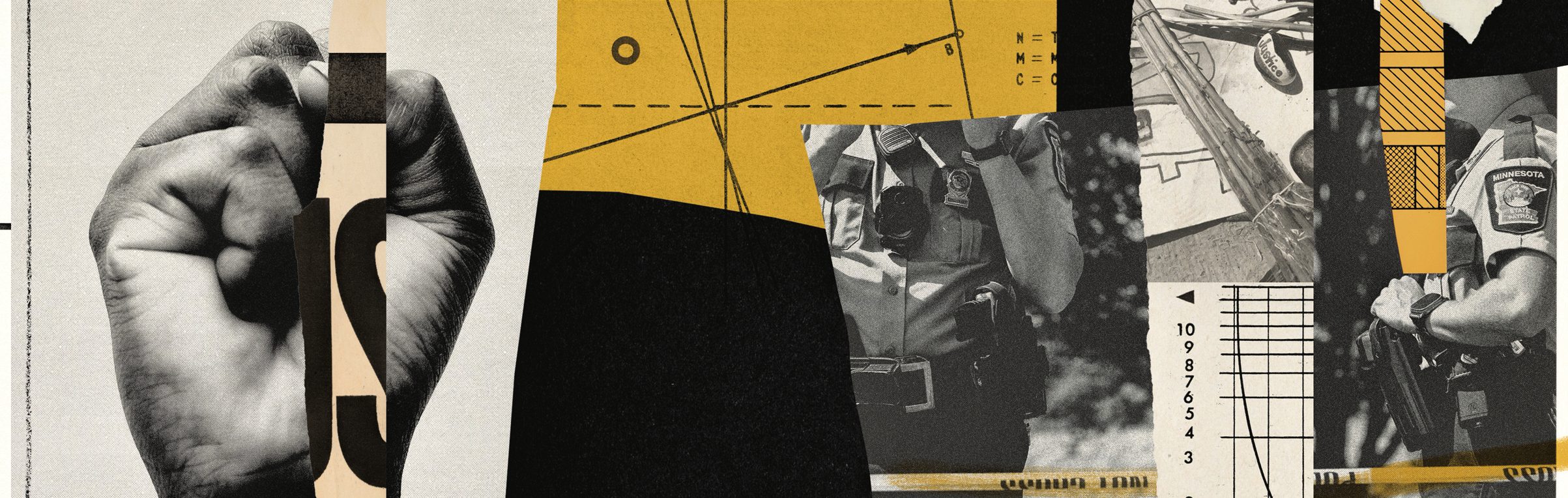 collage artwork of police officers and a raised fist