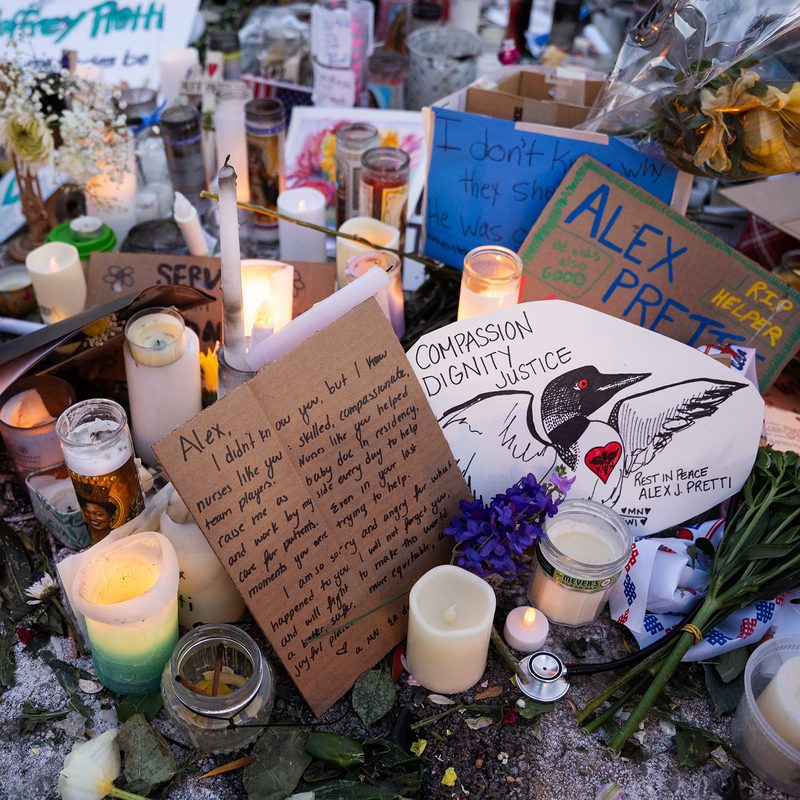 Memorial to Alex Pretti on a Minneapolis street corner