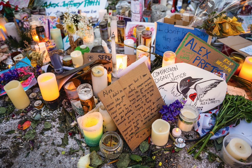 Memorial to Alex Pretti on a Minneapolis street corner