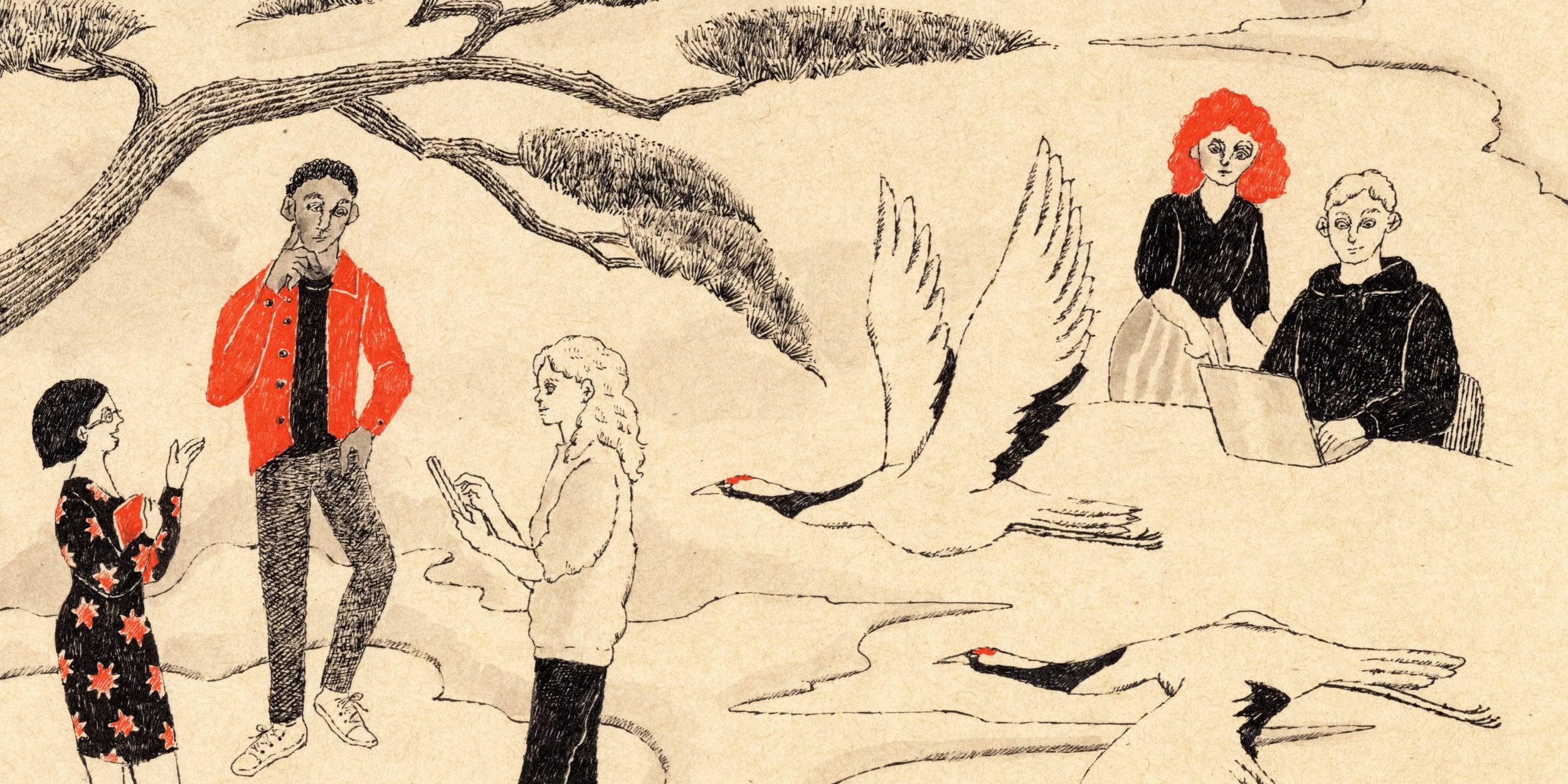 Illustration of students and faculty plus a couple of cranes flying through the scene