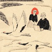 Illustration of students and faculty plus a couple of cranes flying through the scene
