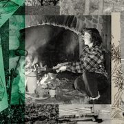 Collage artwork showing a woman in the 1940s cooking over an open fire