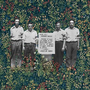 A collage by artist Brooks Turner featuring a black & white photo of four men standing beside a sign reading "Here Fell Henry Ness. Member of local 574, Veteran of the World War and martyr of labor's struggle. Shot down by police. Died July 21, 1934." The figures of the men are cut out and displayed on a floral background copied from "The Unicorn Rests in a Garden" (from the Unicorn Tapestries), 1495–1505