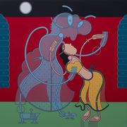 Artwork by Barbara Rossi: a colorful print of a woman dancing with a strange semi-transparent creature