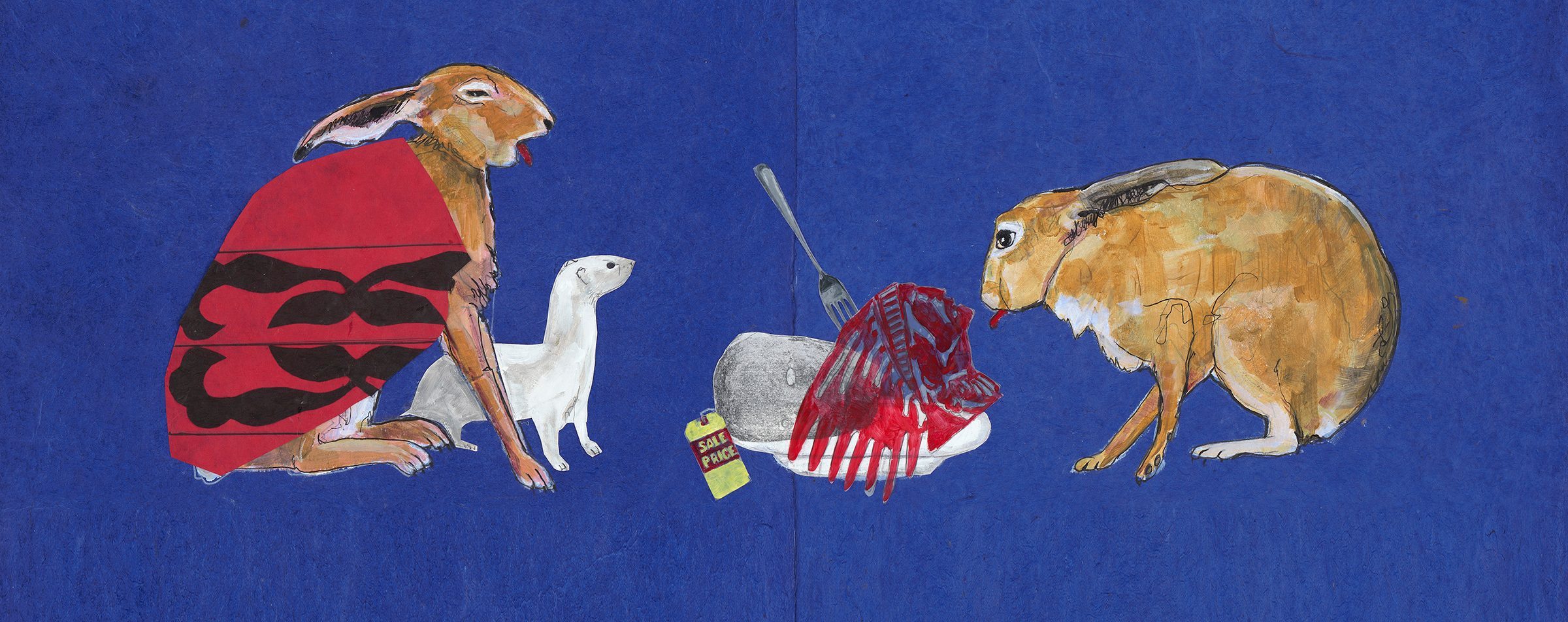 Painting of two rabbits and an ermine about to eat some unidentifiable food with a "sale price" tag on it