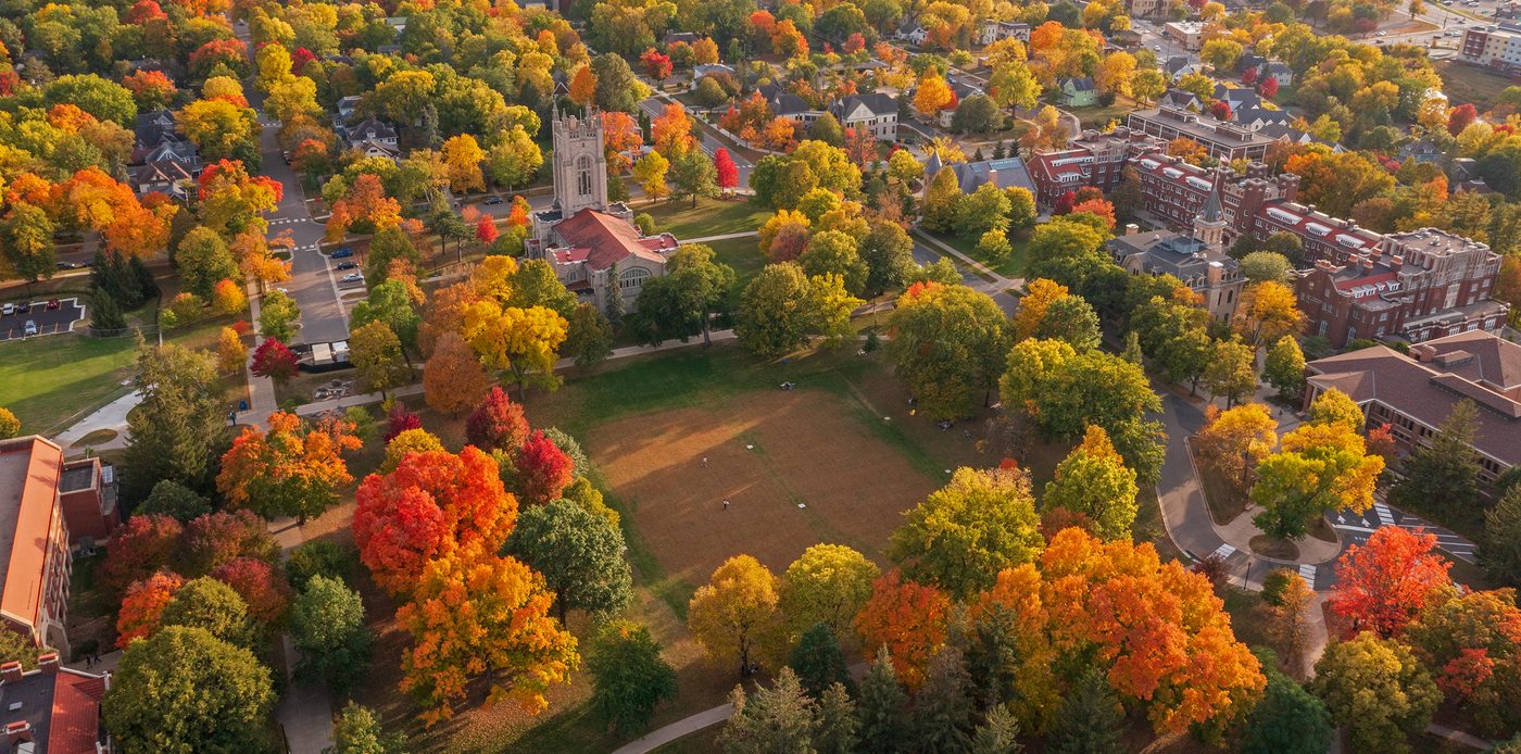 Aerial view of the Carleton campus on an early fall evening