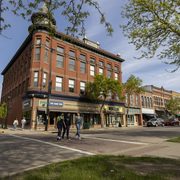 Downtown Northfield with students crossing a street