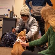 Students petting dog