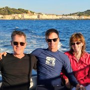Carter Bravmann, Jack Koll, and Ryder Koll-Bravmann on a boat off the California coast