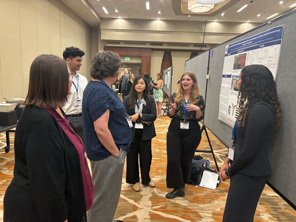 Eunseo (left), Eleanor (middle), and Keya (right) presenting at the Developmental Neurotoxicology Society (DNTS) Conference 2025.