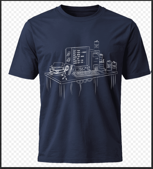 Navy 2026 CS T-shirt with an image of a typical messy CS major desk