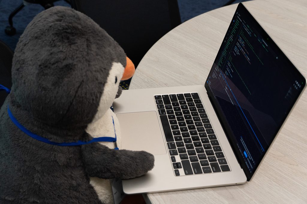 Penguin working on a laptop