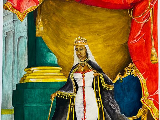 watercolor painting of a woman in crown and royal regalia