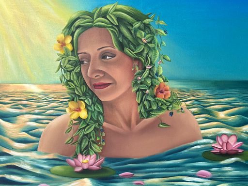 a woman, her hair made of vegetation, extends out of the water. Below the surface is a painted underwater habitat