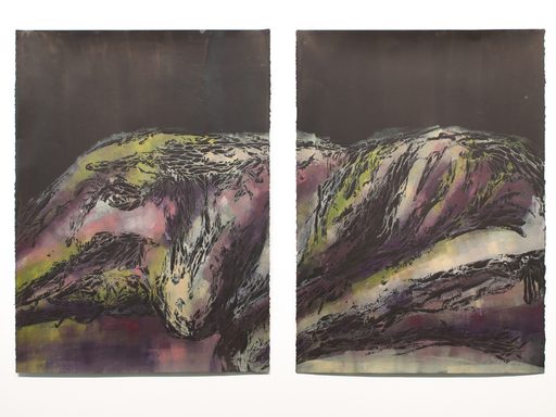 woman figure laying down on side abstracted by textured black marks and green and pink swaths of color