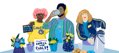 Illustration of three students at Coffee with Carls