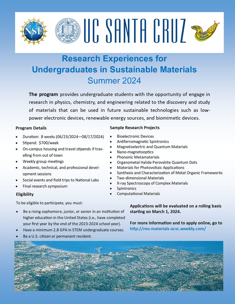 Summer REU Program at UC Santa Cruz on Sustainable Materials 2024 is