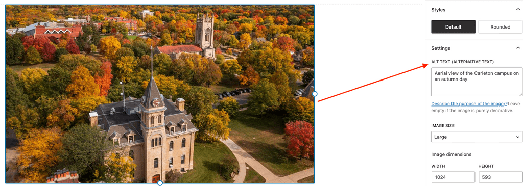 screenshot of wordpress page editor highlighting an embedded photo and red arrow pointing to the alt text field