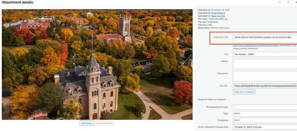 screenshot of attachment details window in the WordPress media library, red box surrounding the alt text field