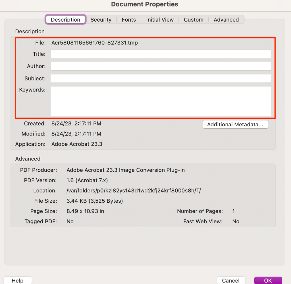 screenshot of PDF document properties menu highlighting the "description" options