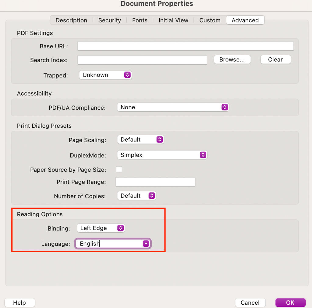 screenshot of PDF document properties menu highlighting the "language" options