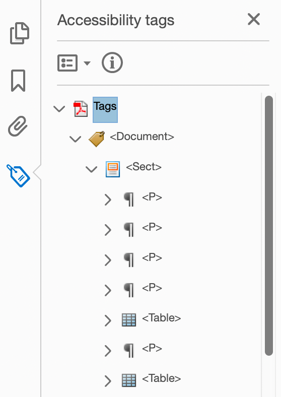 pdf editing menu displaying the accessibility tags for a document