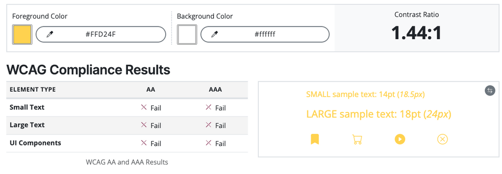 color contrast checker of maize text on white background failing all accessibility levels.
