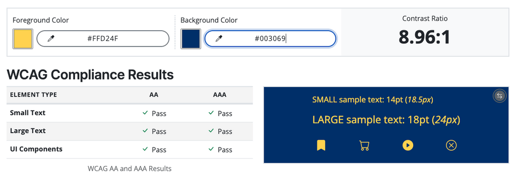 color contrast checker of maize text on blue background passing all accessibility levels.