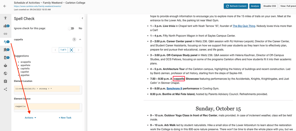 screenshot of the spell check menu in dubbot with red arrow pointing towards the "action menu"
