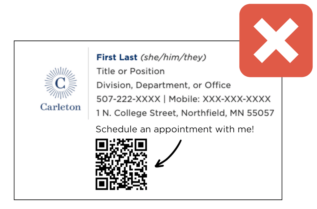 email signature with a QR code and a red x illustration