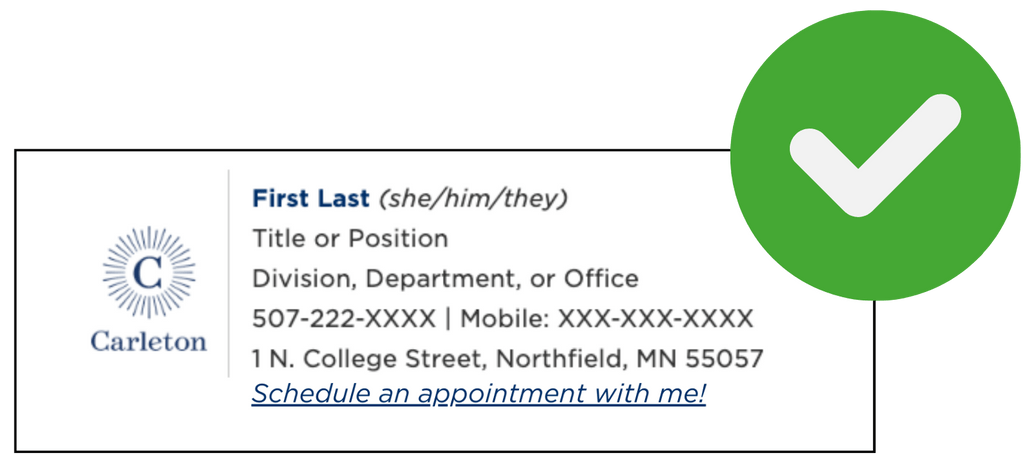 email signature with link and a green check mark illustration