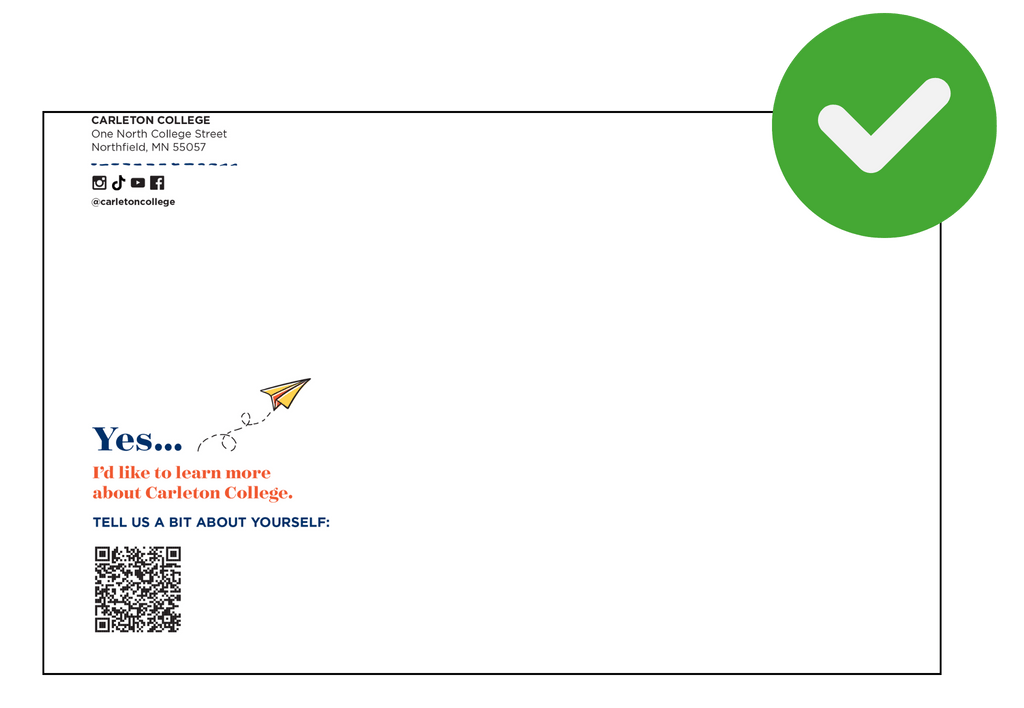 postcard with a QR code and a green check mark illustration