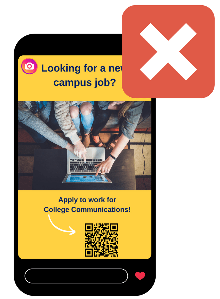 Instagram story featuring a qr code on a phone with a red "x" mark illustration overlaying it