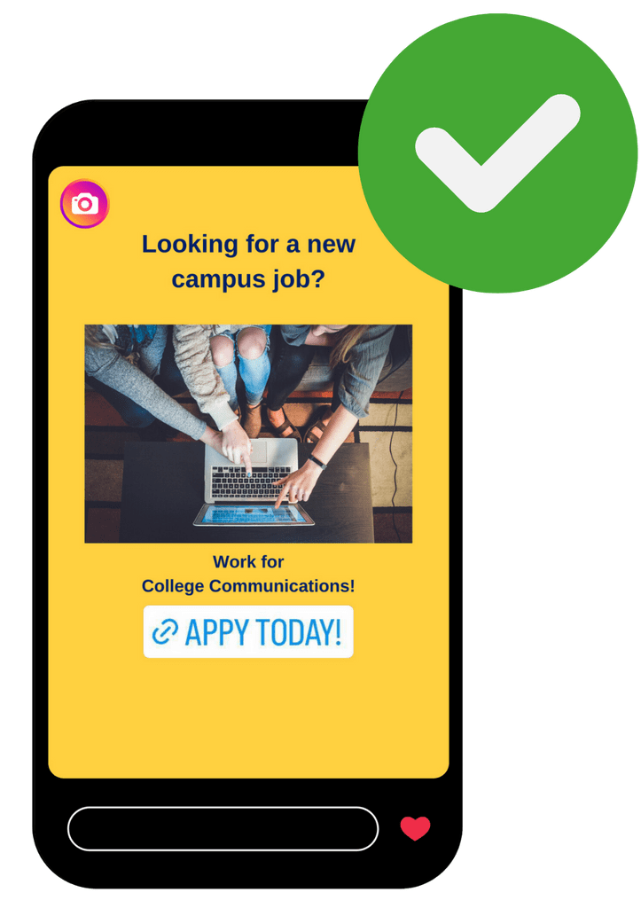 Instagram story featuring an "apply today" link sticker on a phone with a green checkmark illustration overlaying it
