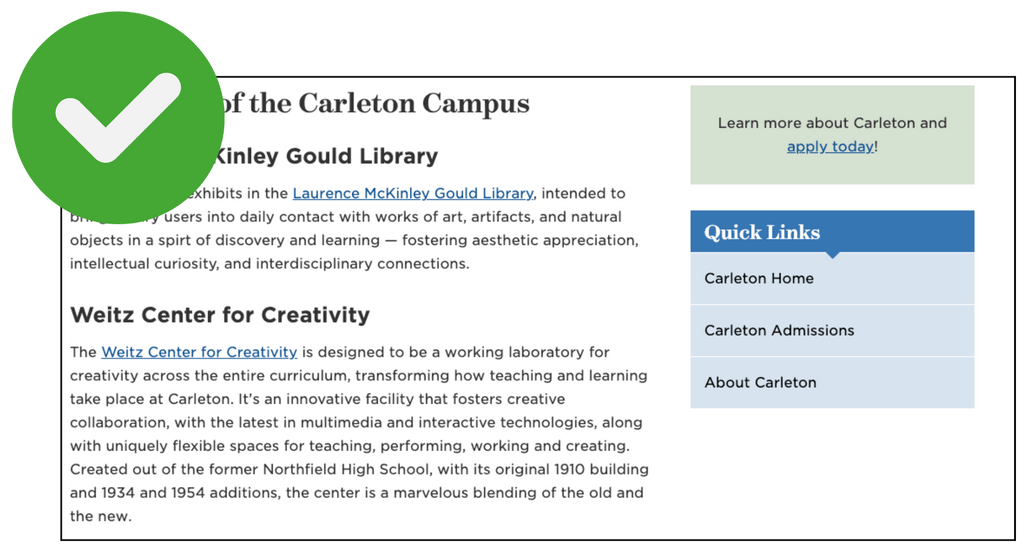 carleton webpage with linked text in the sidebar and a green checkmark overlaying
