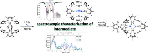 Graphical abstract, showing spectroscopic data for the intermediate between an Fe2Cl2 dimer and a product that has split N2