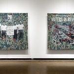 A pair of tapestries hang closely together. They include historical black-and-white imagery, floral backgrounds, men with a sign, and a funeral procession. The tapestry on the right includes large text at the top that reads “VOTERS IN REVOLT”.