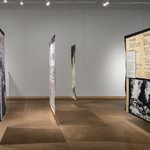 A side view of five large-scale woven tapestries, suspended from the lighting grid.
