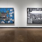 Two large, woven tapestries hang side by side on a wall. The left tapestry has a bright blue background with black and white square headshots scattered throughout. In the middle are four people in front of a bookshelf and trees. The right tapestry is black-and-white and includes a border of square headshots and a newspaper article “Attention- Defence Squad Captains, 544”. The middle depicts an image of a train and landscape photographed from above.
