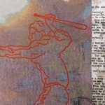 Close up image of two tapestries. The left textile contains a red stitched outline of a figure using a baseball bat as a weapon.. On the right, there is black typed text on a white background with a faint, ghostly figure.