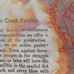 Cropped detail view of a textile with newspaper text and a partial headline reading “Can Crush Facism”, against a white, orange, and purple background which are layered in an almost typographical way. Legs outlined in red, stitched thread are mid step on the right side of the image.
