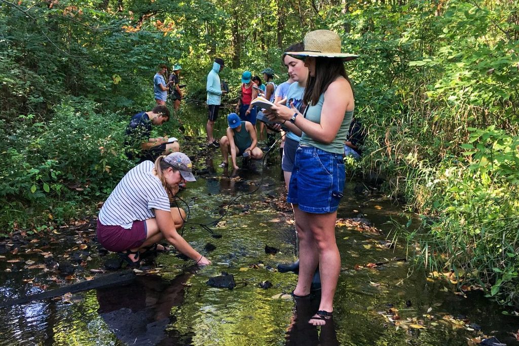 College students collect water samples from a stream surrounded by woods.