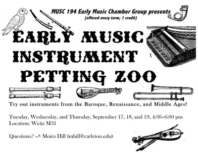 Announces an opportunity to handle and try early music instruments.