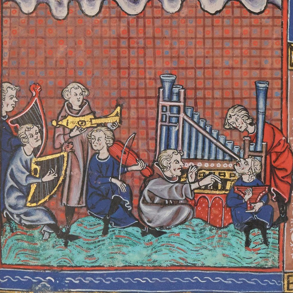 A group of men playing organ, harps, and bowed instruments.