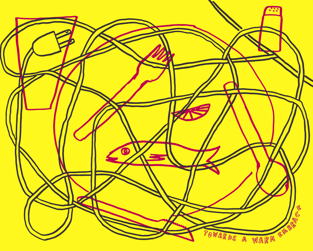 Illustration of food, utensils, and an electrical cord, with the words: towards a wam embrace
