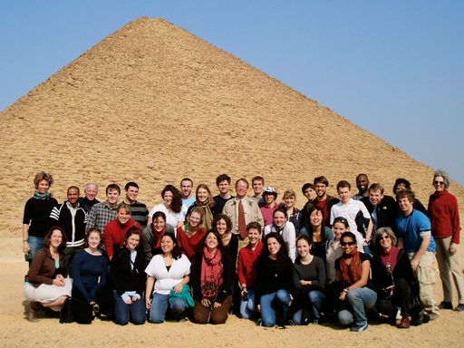 Members of the Carleton Middle East Mosaics program pose in front of a pyramid at Dashur, Egypt